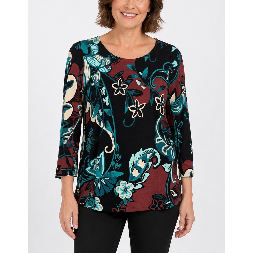 Chicos Blouse Womens Medium Multicolor Floral Paisley Zipper Cuff Boho Career
